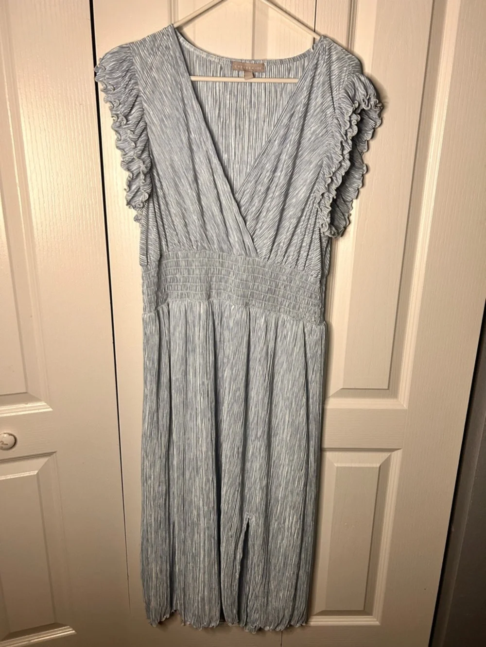 Chelsea28 Flutter Sleeve Plissé Midi‎ Dress Blue Falls Camouflage Size 1X